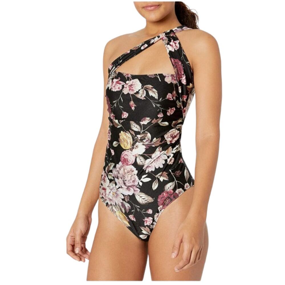 3/$20 RACHEL Rachel Roy Black Pink Cherry Blossom Ruched One Shoulder Swimsuit L